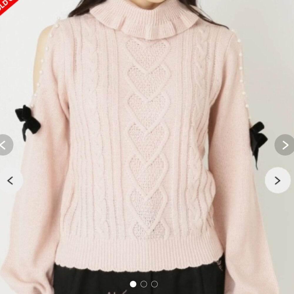 Ank Rouge Pink Heart Cable Knit Cold Shoulder Ruffle Turtleneck Sweater